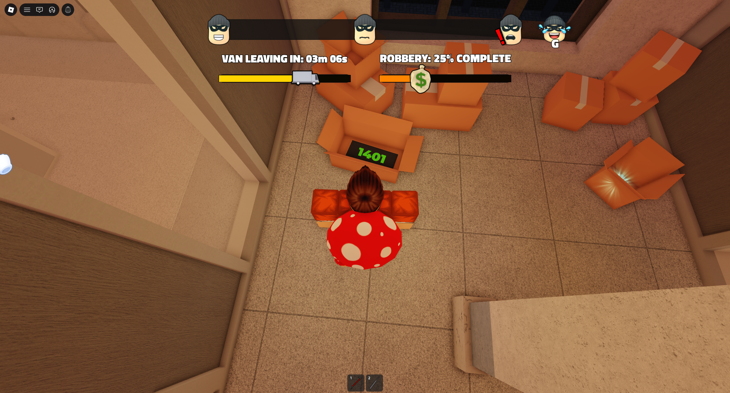 A character standing next to the bank code in the box on the upper floor in the Roblox game, Rob It. - 5
