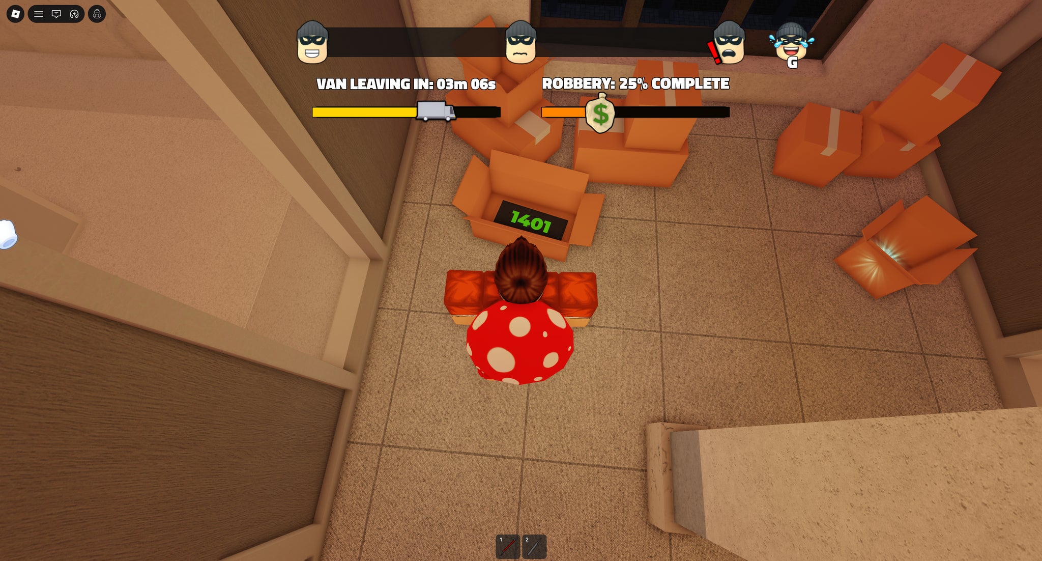 A character standing next to the bank code in the box on the upper floor in the Roblox game, Rob It. - 5