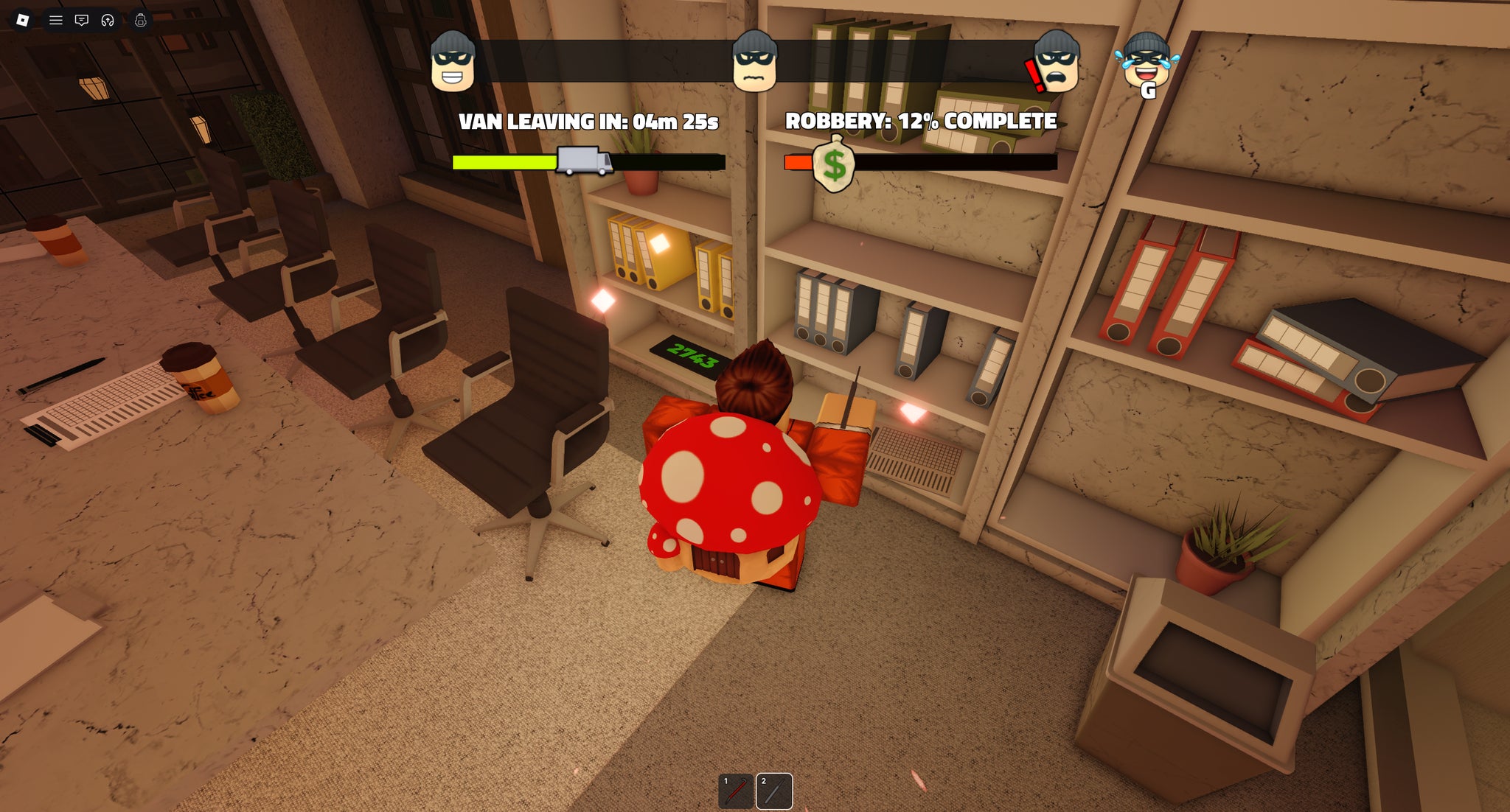 A character standing next to the bank code inside the office on the upper floor in the Roblox game, Rob It. - 6