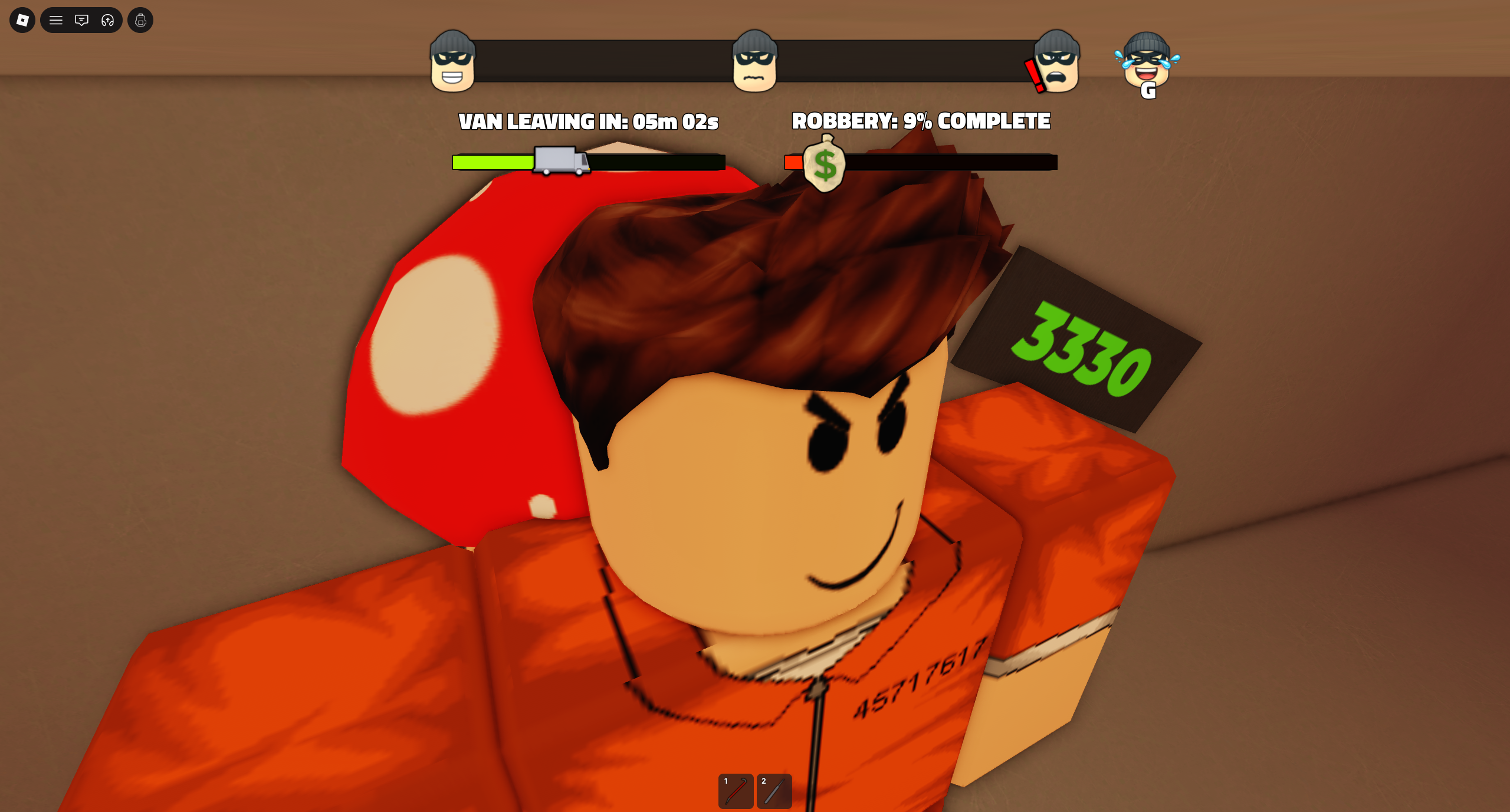A character standing next to the bank code in the air vent in the Roblox game, Rob It. - 4