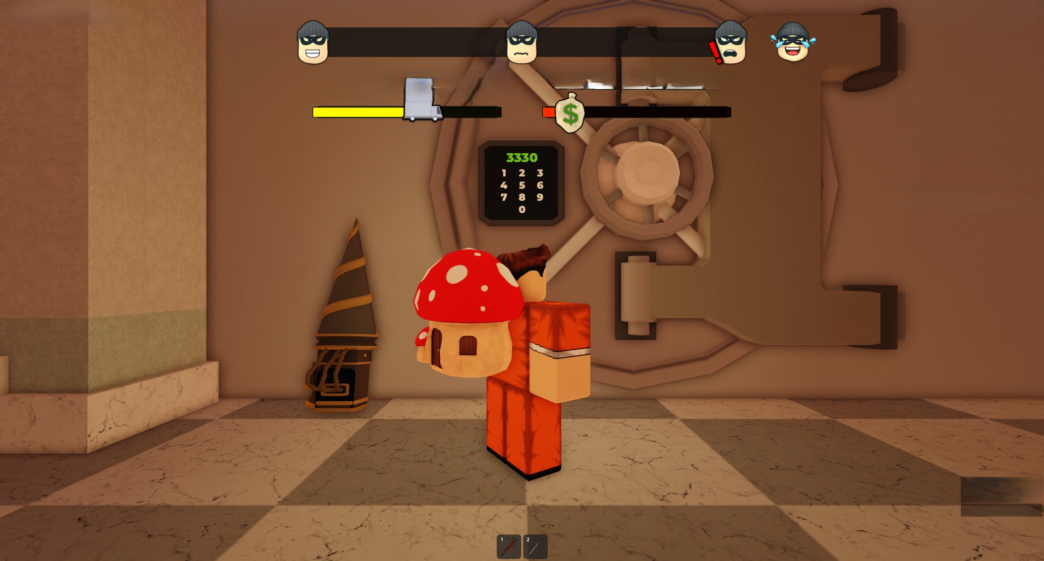 A character standing in front of the unlocked bank vault door in the Roblox game, Rob It. - 1