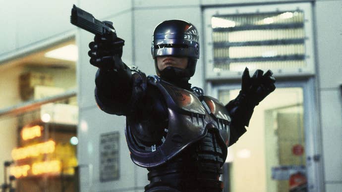 RoboCop aiming with his gun