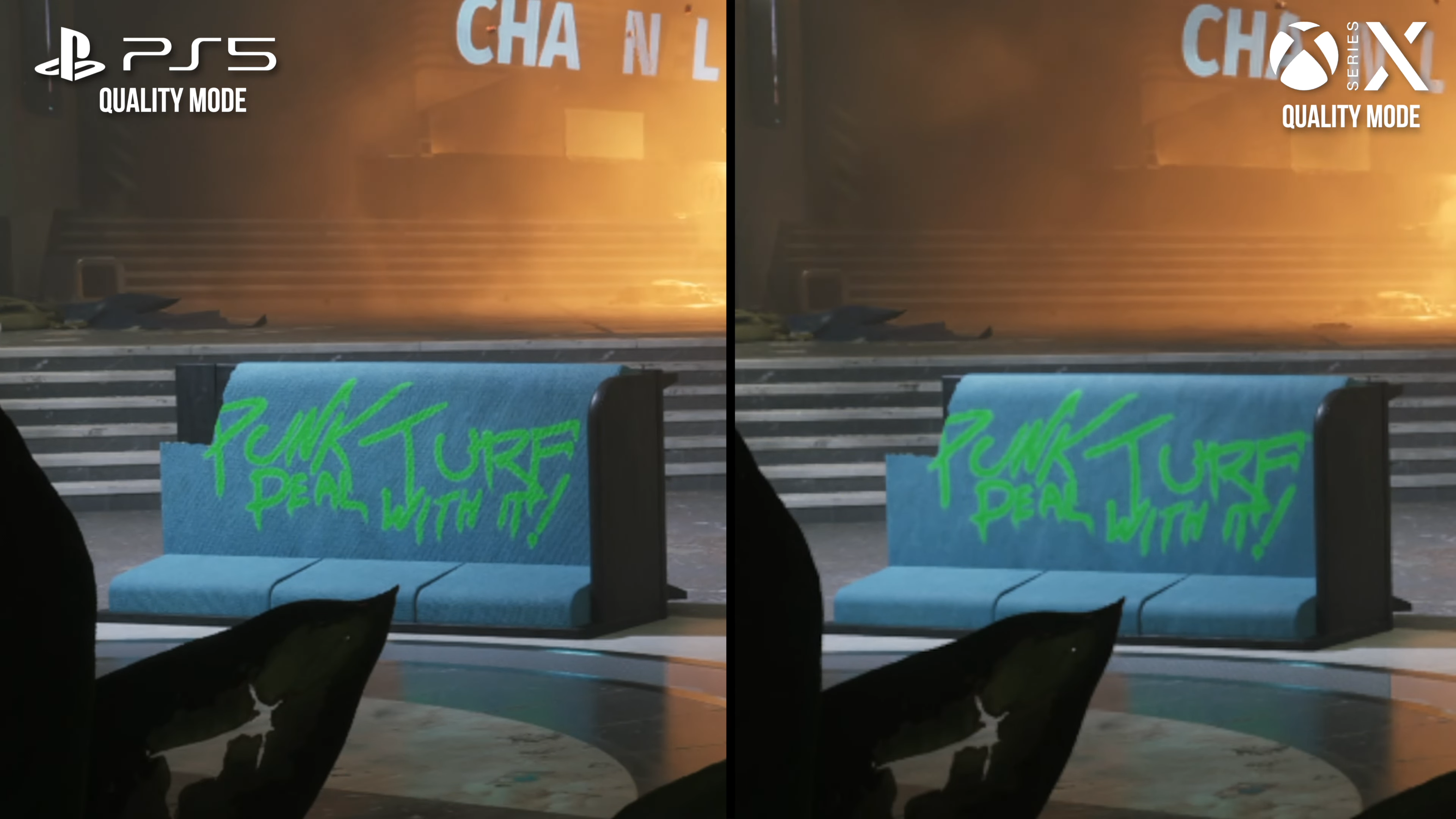 robocop: rogue city screenshot showing ps5 vs series x, with ps5 appearing sharper