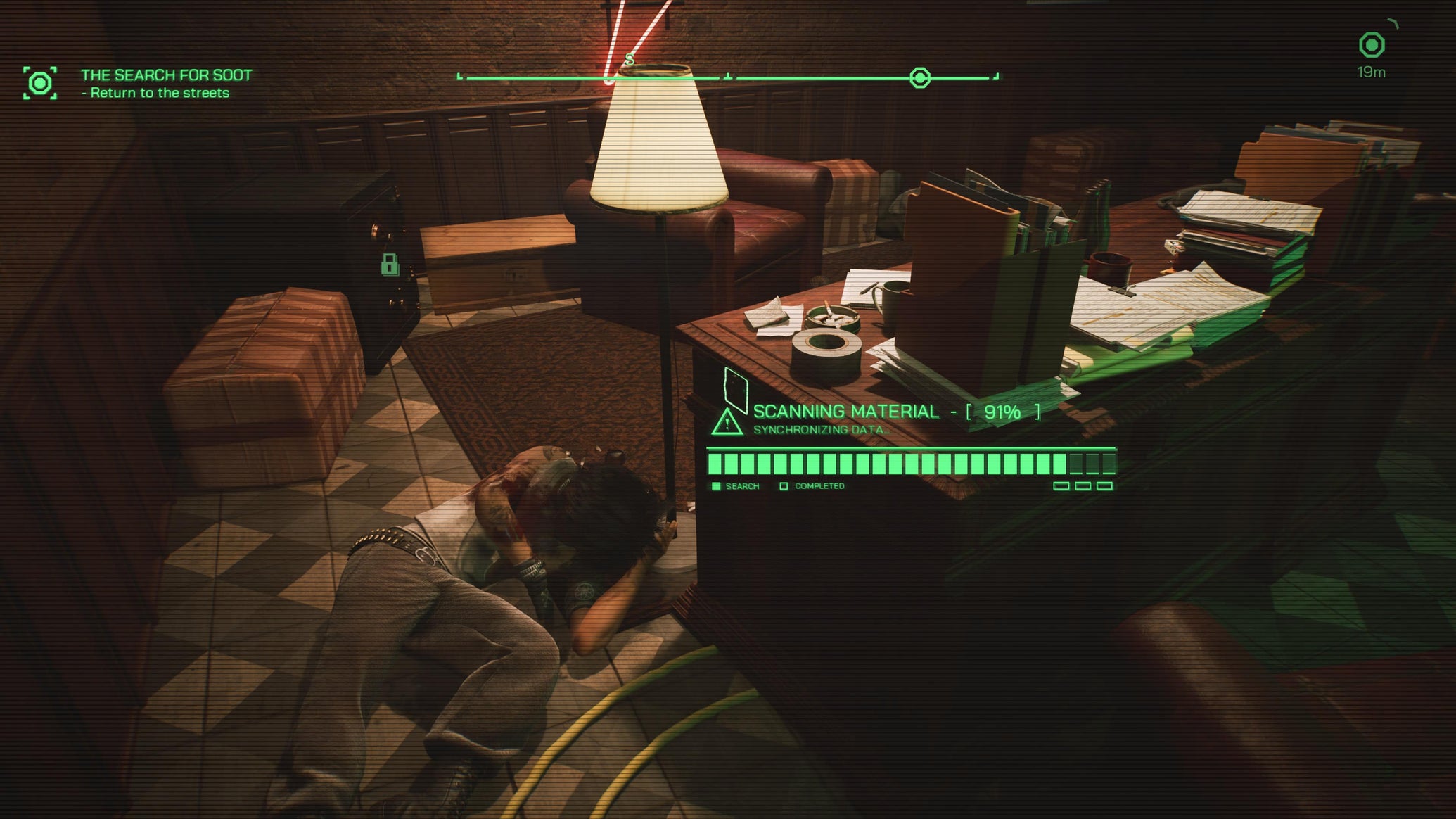 RoboCop scanning a hidden button to reveal the arcade secret area in RoboCop: Rogue City - 1