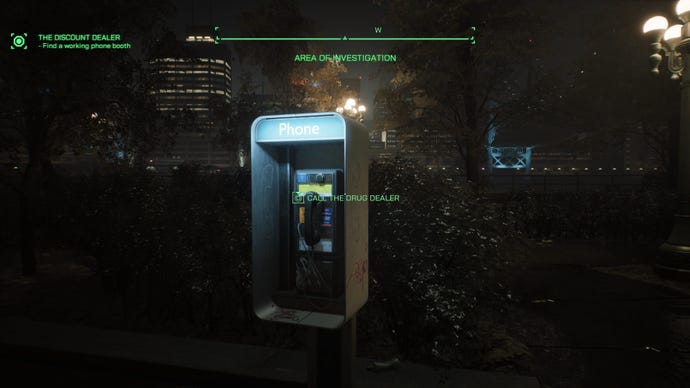 RoboCop using a payphone to call the Discount Dealer in RoboCop: Rogue City