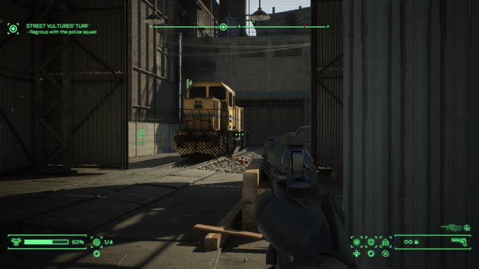 RoboCop scanning the train used to reveal the secret area in the steel mill in RoboCop: Rogue City