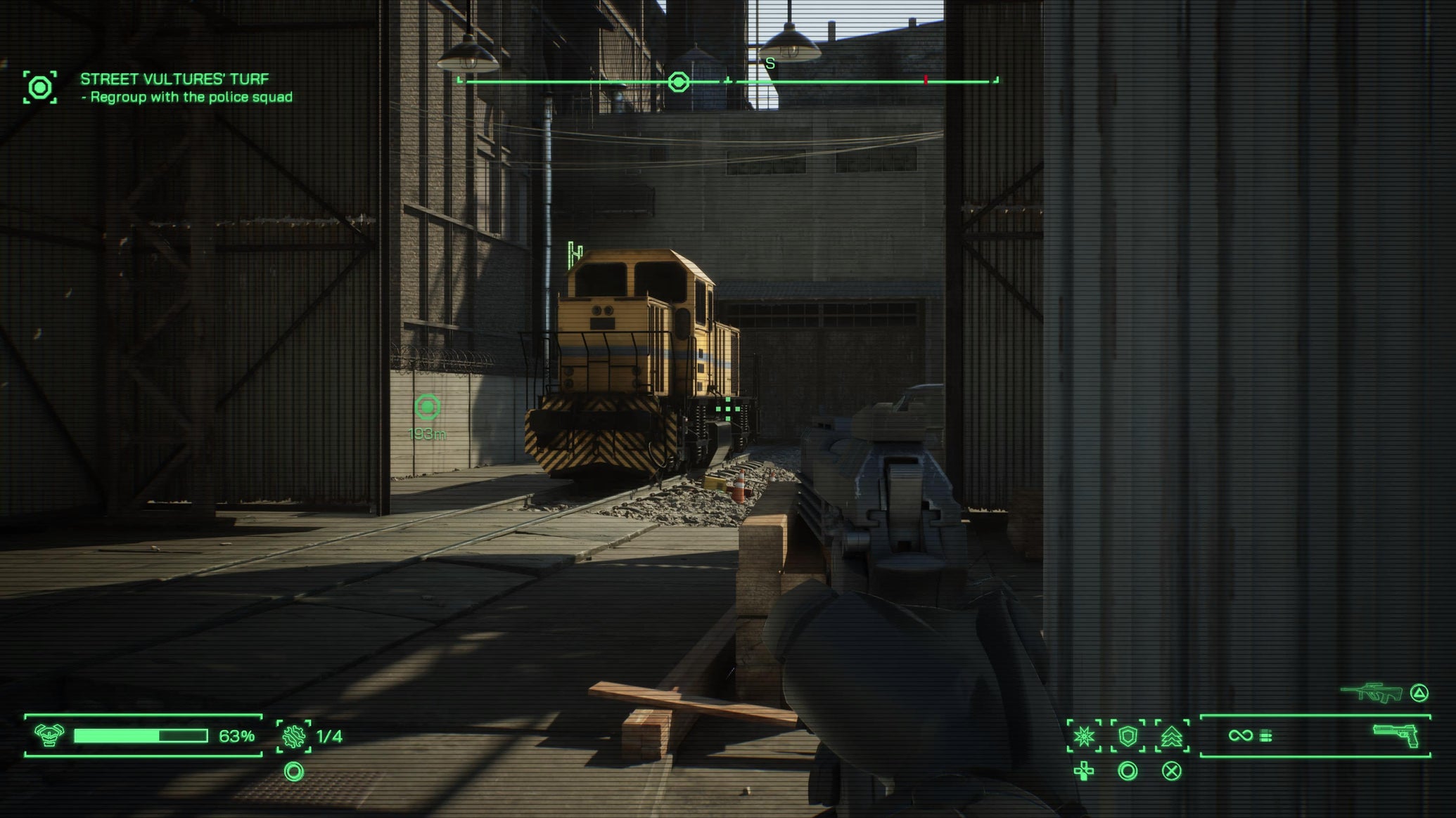 RoboCop scanning the train used to reveal the secret area in the steel mill in RoboCop: Rogue City - 1