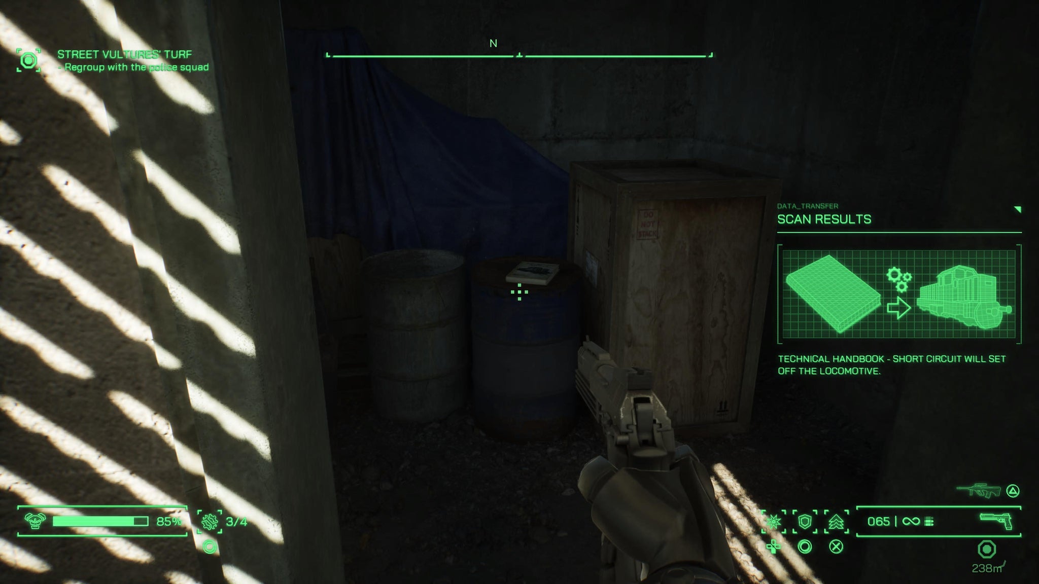 RoboCop scanning a manual revealing the location of the secret area in the steel mill in RoboCop: Rogue City - 5