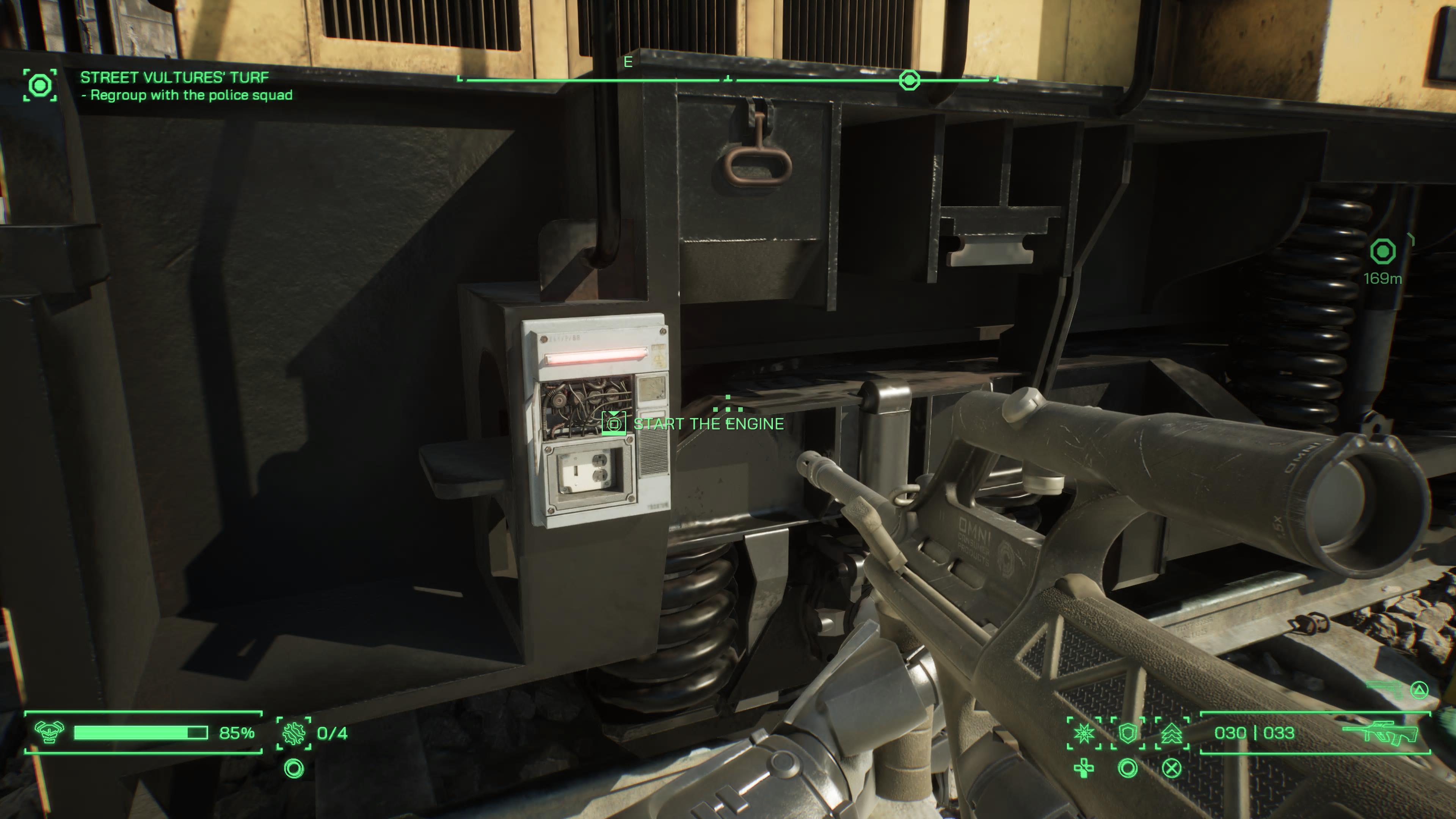 RoboCop ramming a train into a barrier to reveal the secret area in the steel mill in RoboCop: Rogue City