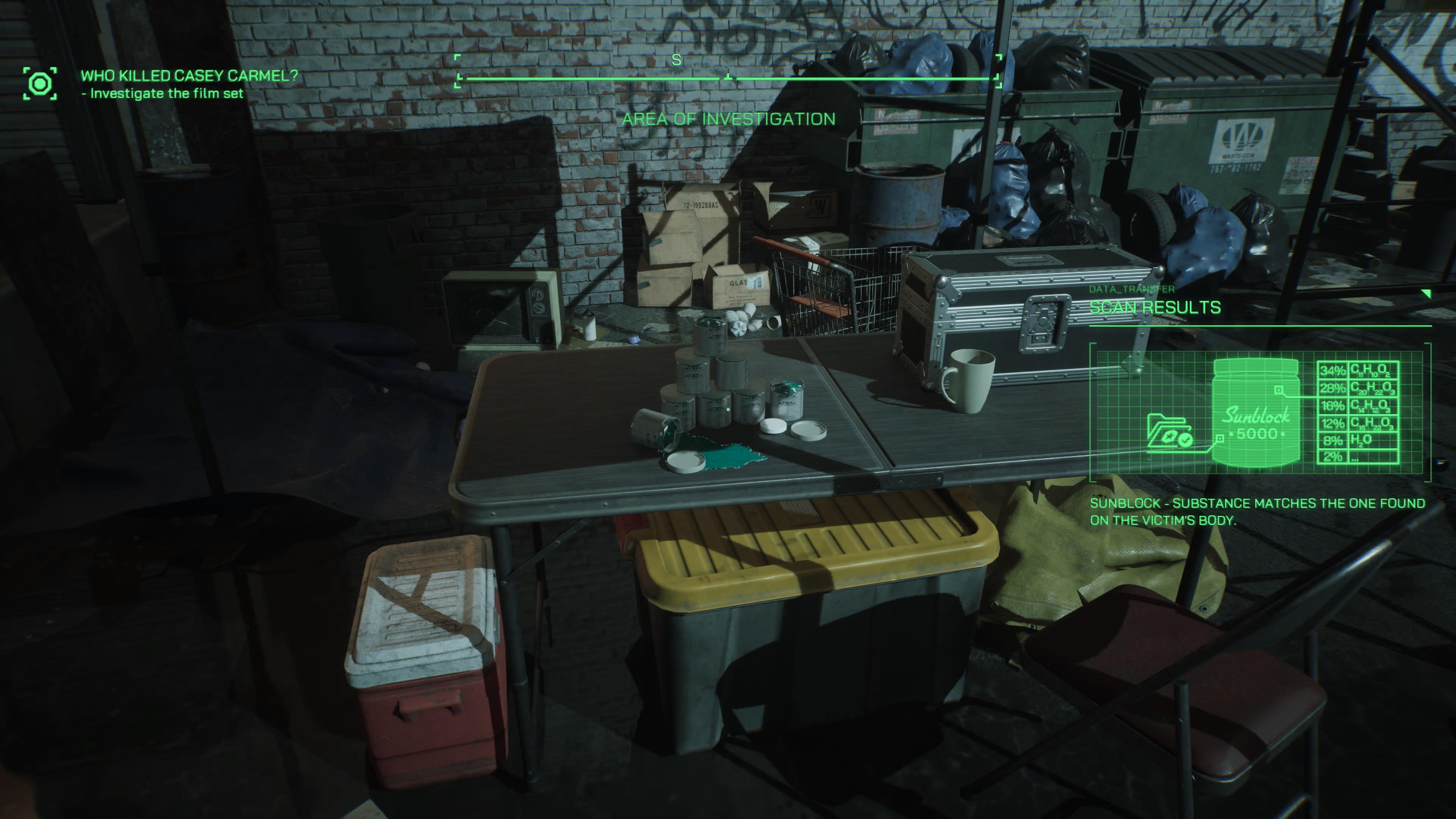 RoboCop scanning suspicious sunblock in RoboCop: Rogue City