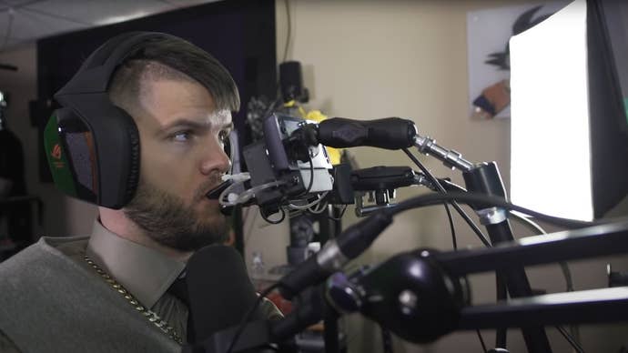 Rocky “RockyNoHands” Stoutenburgh playing a game with a QuadStick FPS controller.
