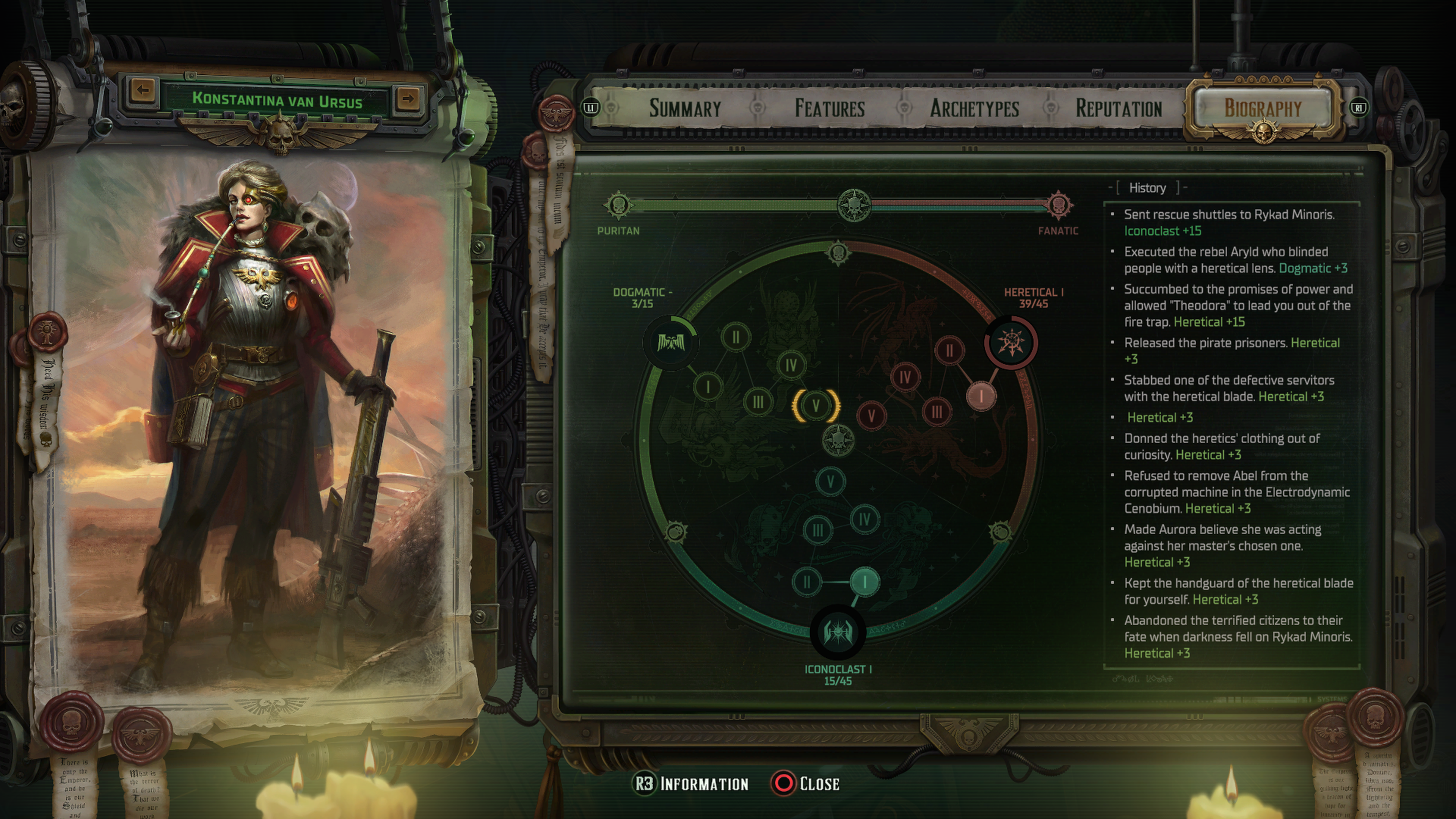 A Rogue Trader screenshot showing the biography screen including alignment information.