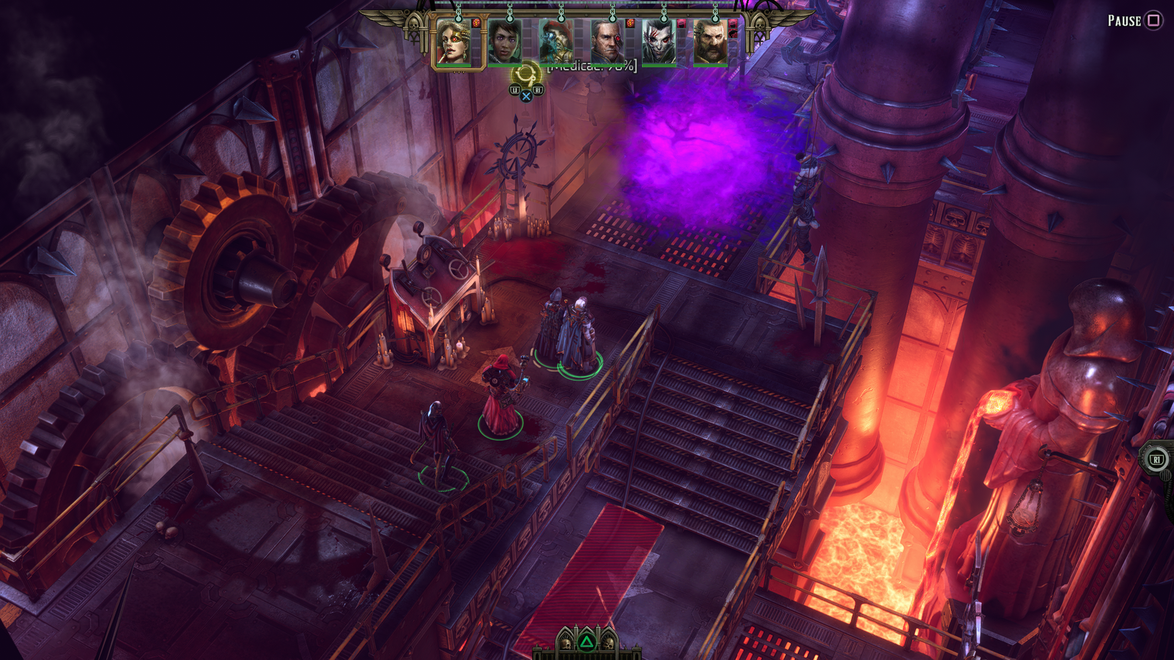A Rogue Trader screenshot showing the party travelling through a corrupted factory.