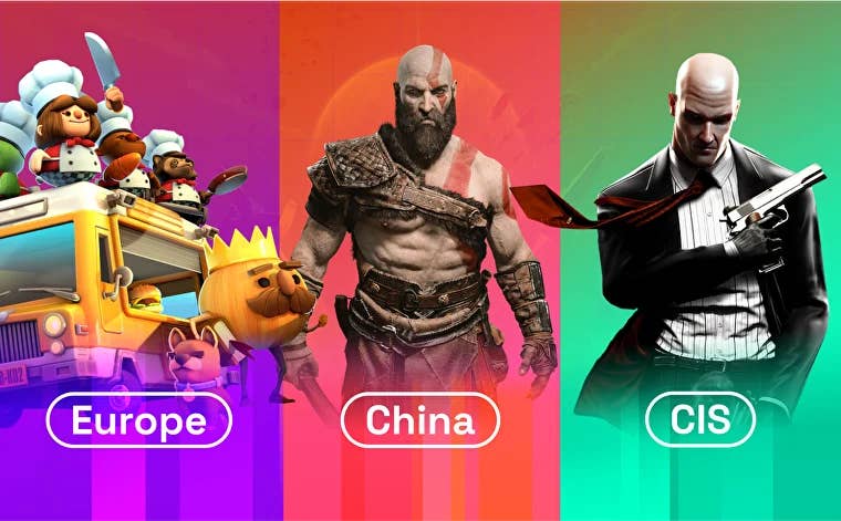 Rokky graphic showing Overboard, God of War and Hitman with the words Europe, China and CIS, respectively.