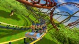 Rollercoaster Tycoon 3 screenshot showing a rollercoaster rushing through green fields.