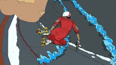 Rollerdrome screenshot showing the player character pulling off a trick as they dodge a missile