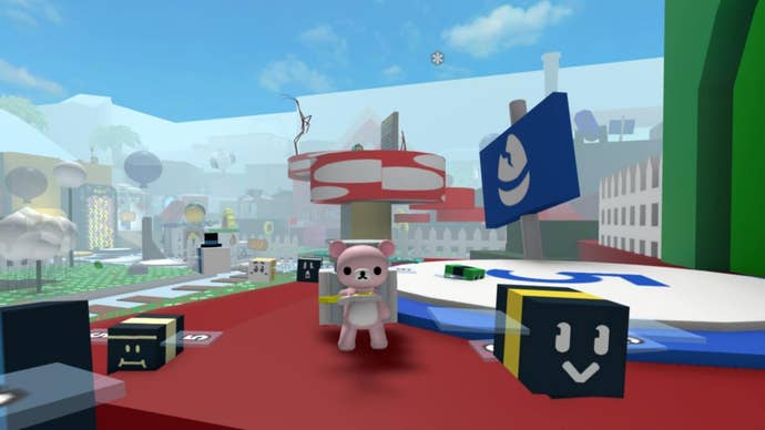 The player stands on a platform surrounded by bees with a mushroom and egg signpost behind them in Roblox’s Bee Swarm Simulator