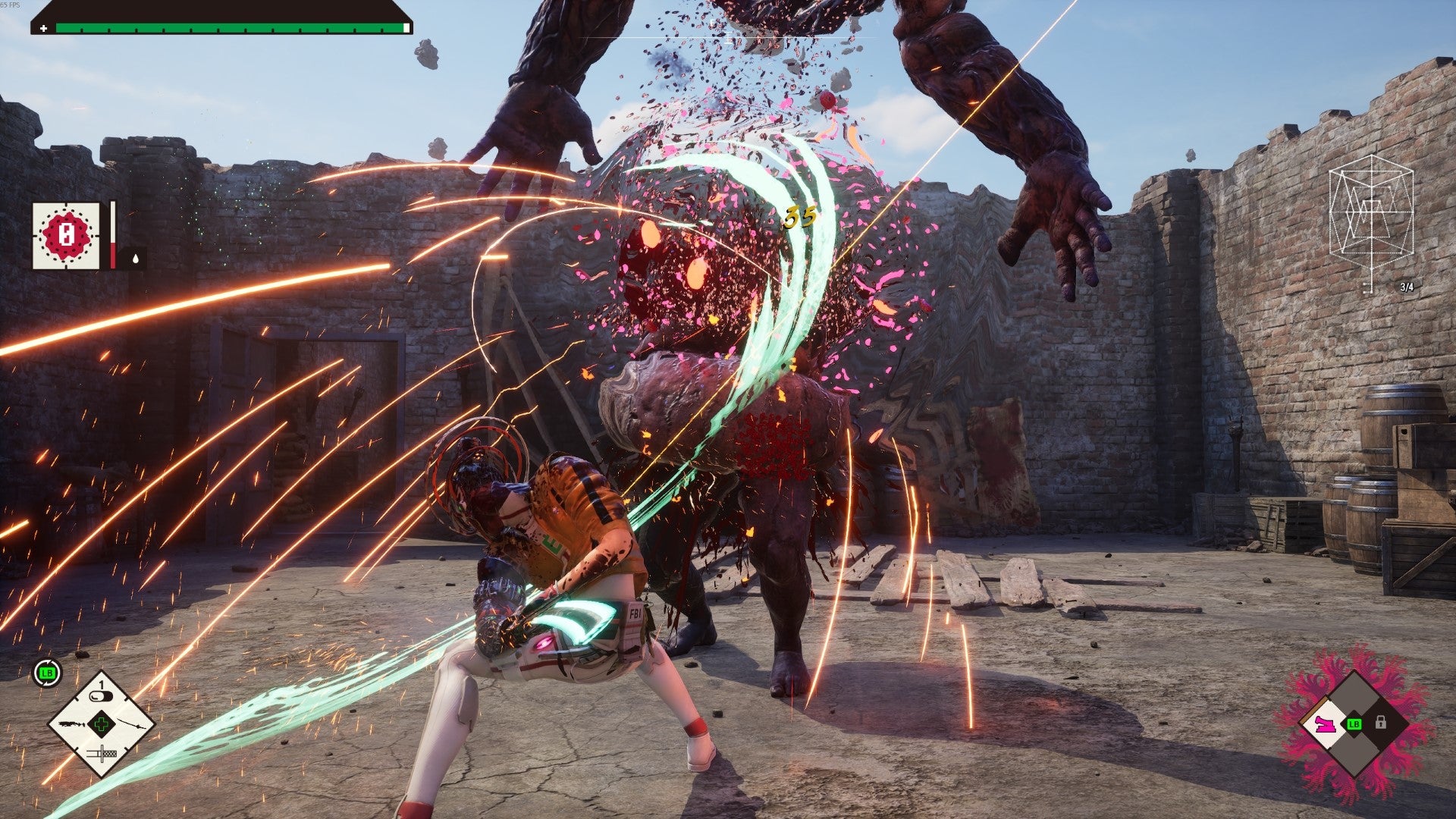 Romeo cuts a hulking minboss enemy in half in Romeo is a Dead Man. - 11