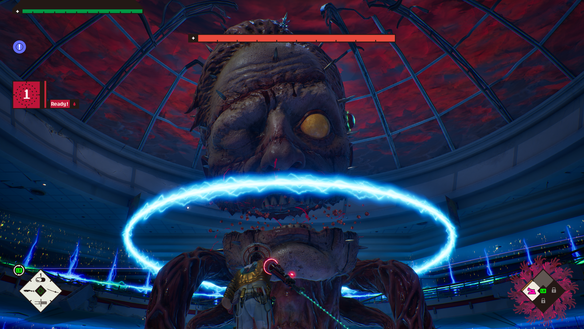 Romeo battles a boss, a giant head bisected at the jaw, in Romeo is a Dead Man. - 9