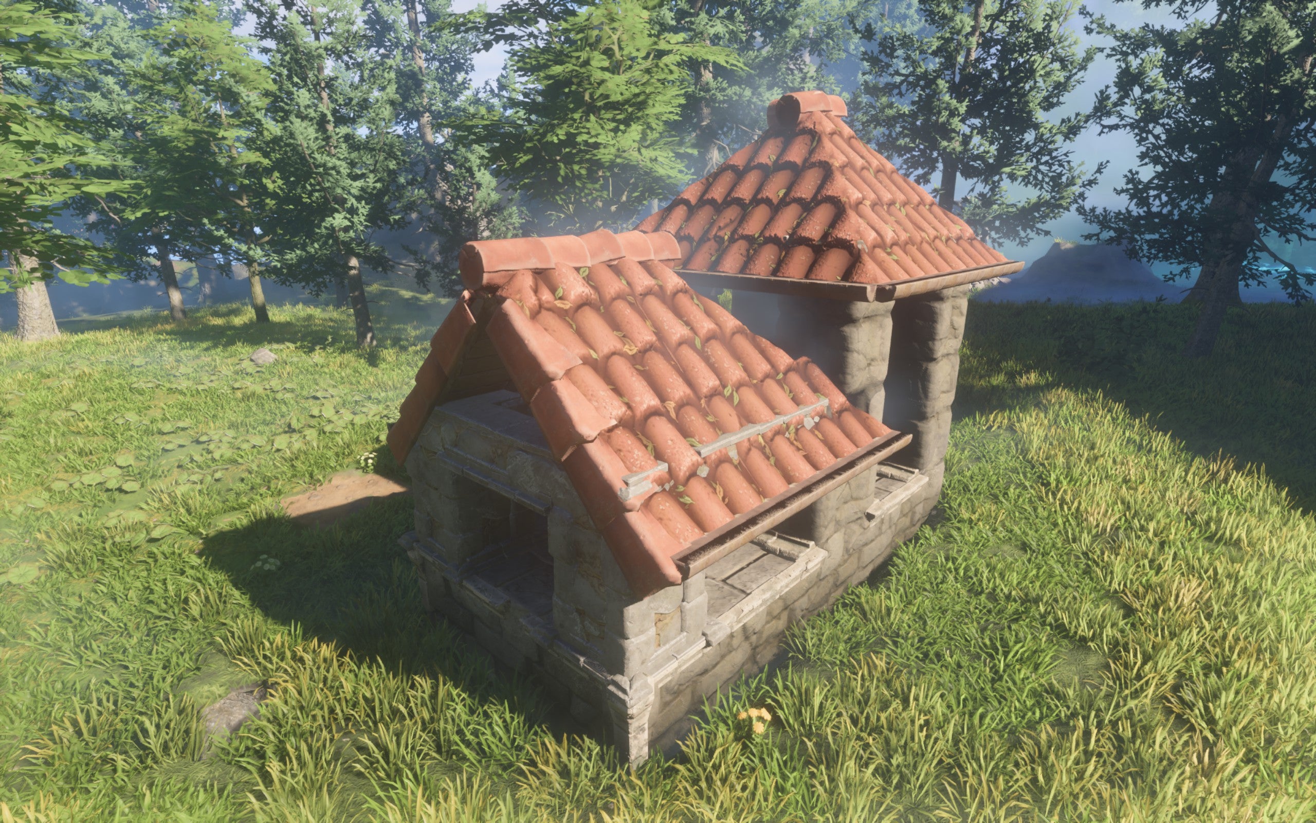 A demonstration of the Roof Tiles Block, which is made of regular orange brick tiles.