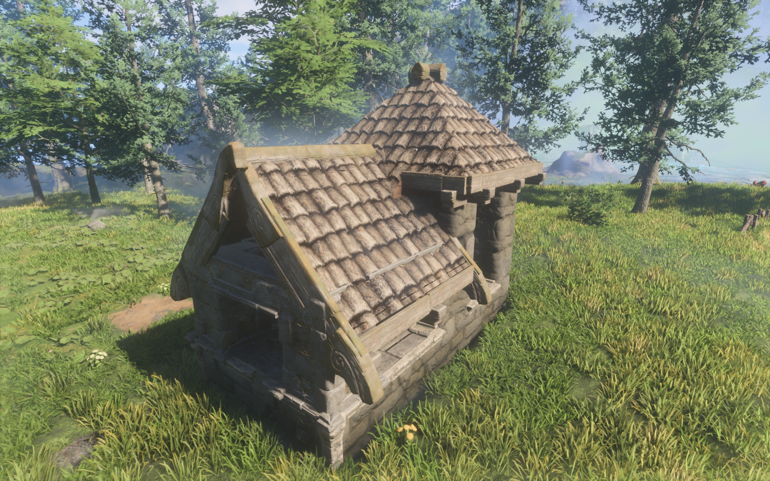 A demonstration of the Tarred Shingle Roof Block, which is made of weathered and old-looking grey tiles, with Viking-style wooden details on the ends.