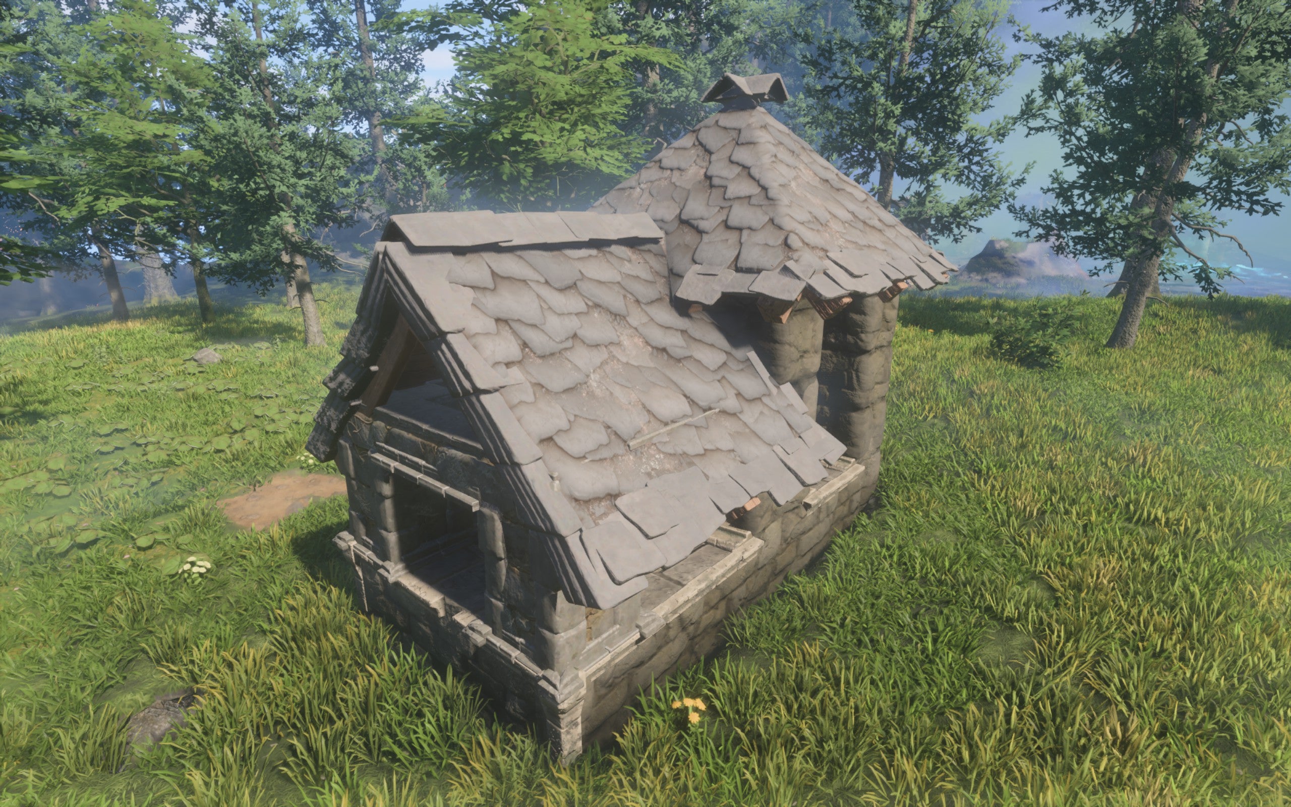 A demonstration of the Stone Shingle Roof Block, which is made of large and flat slate pieces.