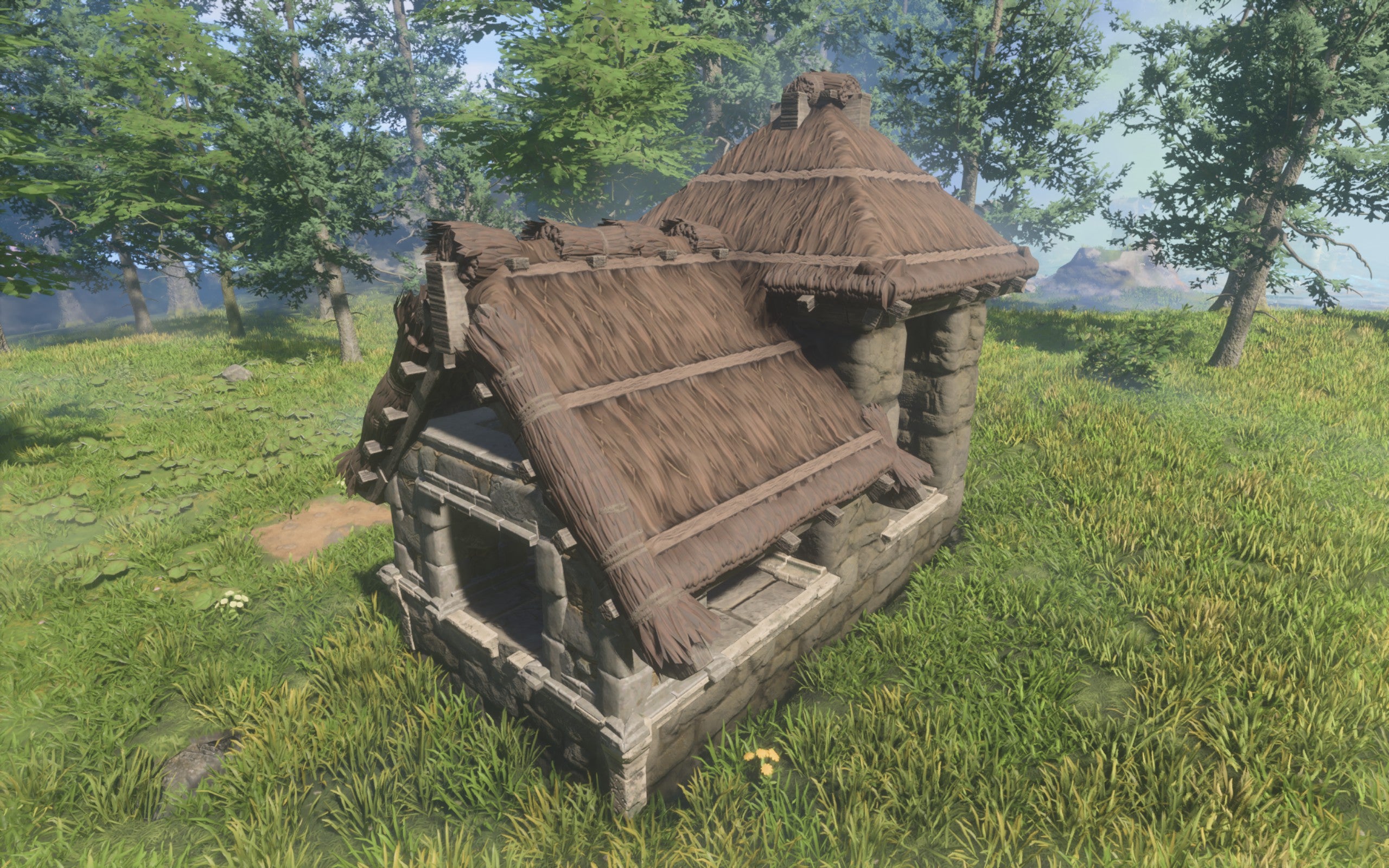A demonstration of the Plant Fiber Roof Block, made of dark brown thatch.