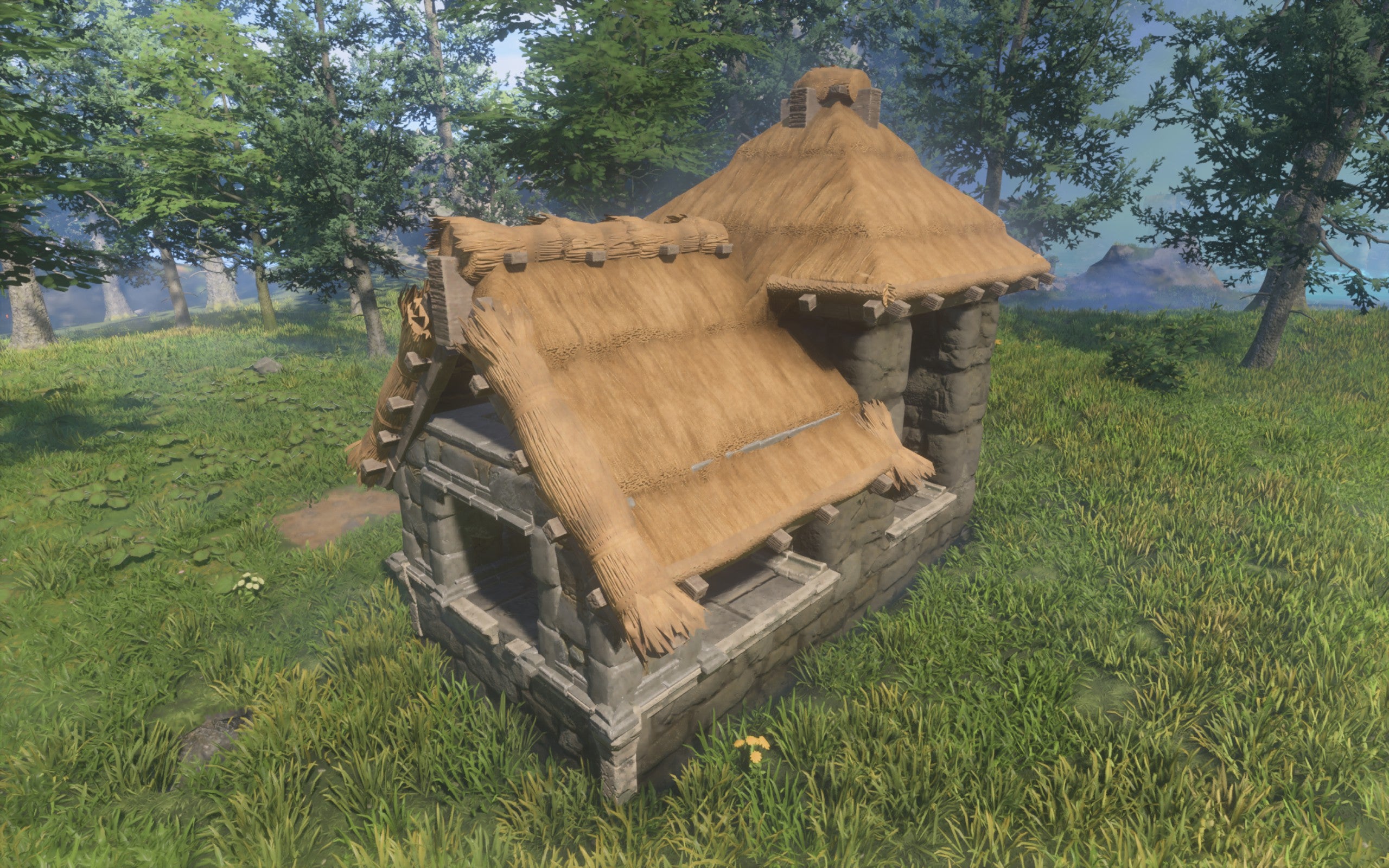 A demonstration of the Straw Roof Block, made of a light orange-yellow thatch.