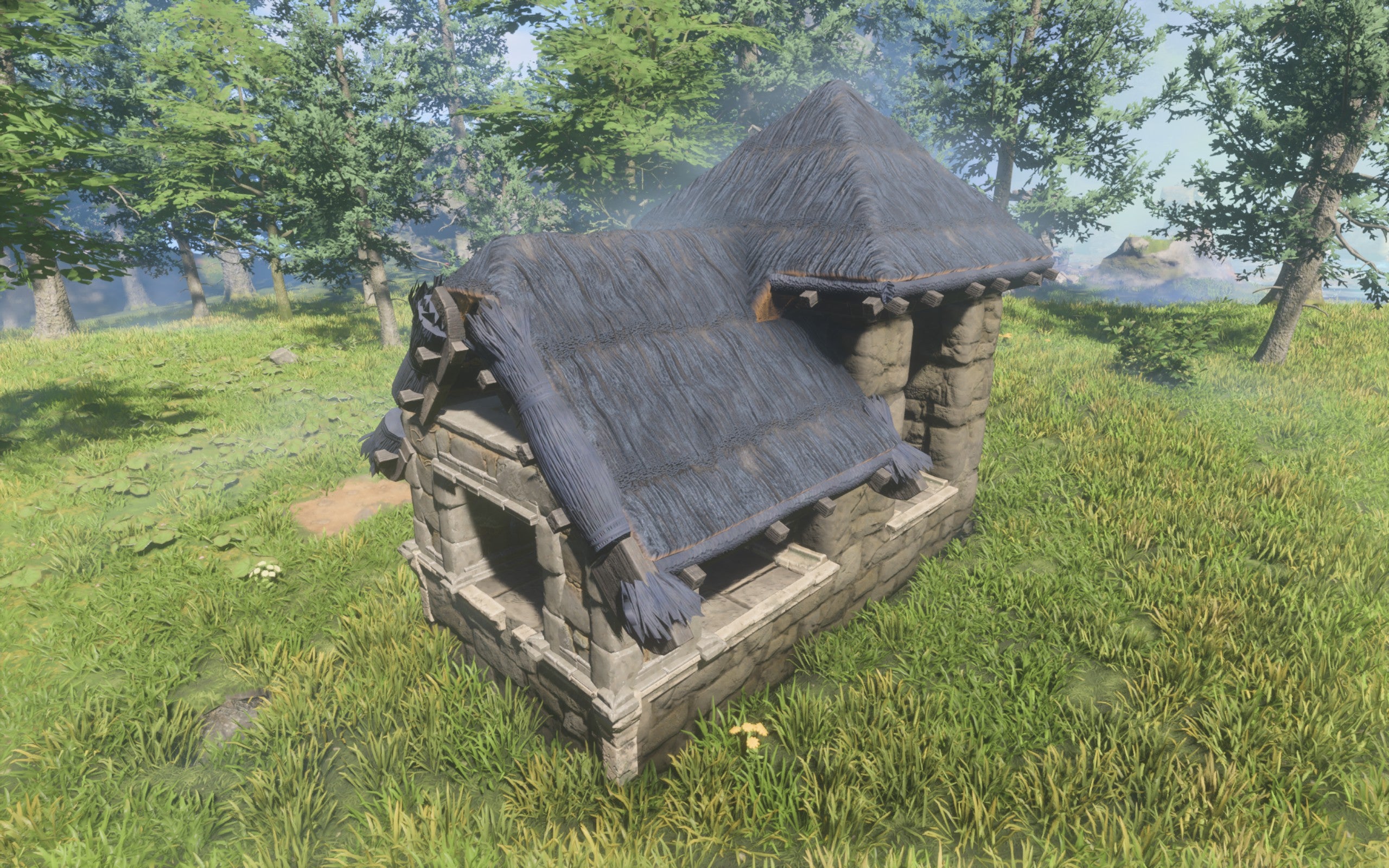 A demonstration of the Tarred Straw Block, made of a dark grey-blue thatch.