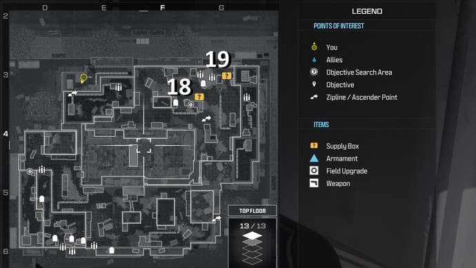 tactical map view of weapon location numbered on the highrise map