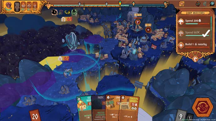 A dark purple cloud encroaches on a Viking settlement in Roots Of Yggdrasil