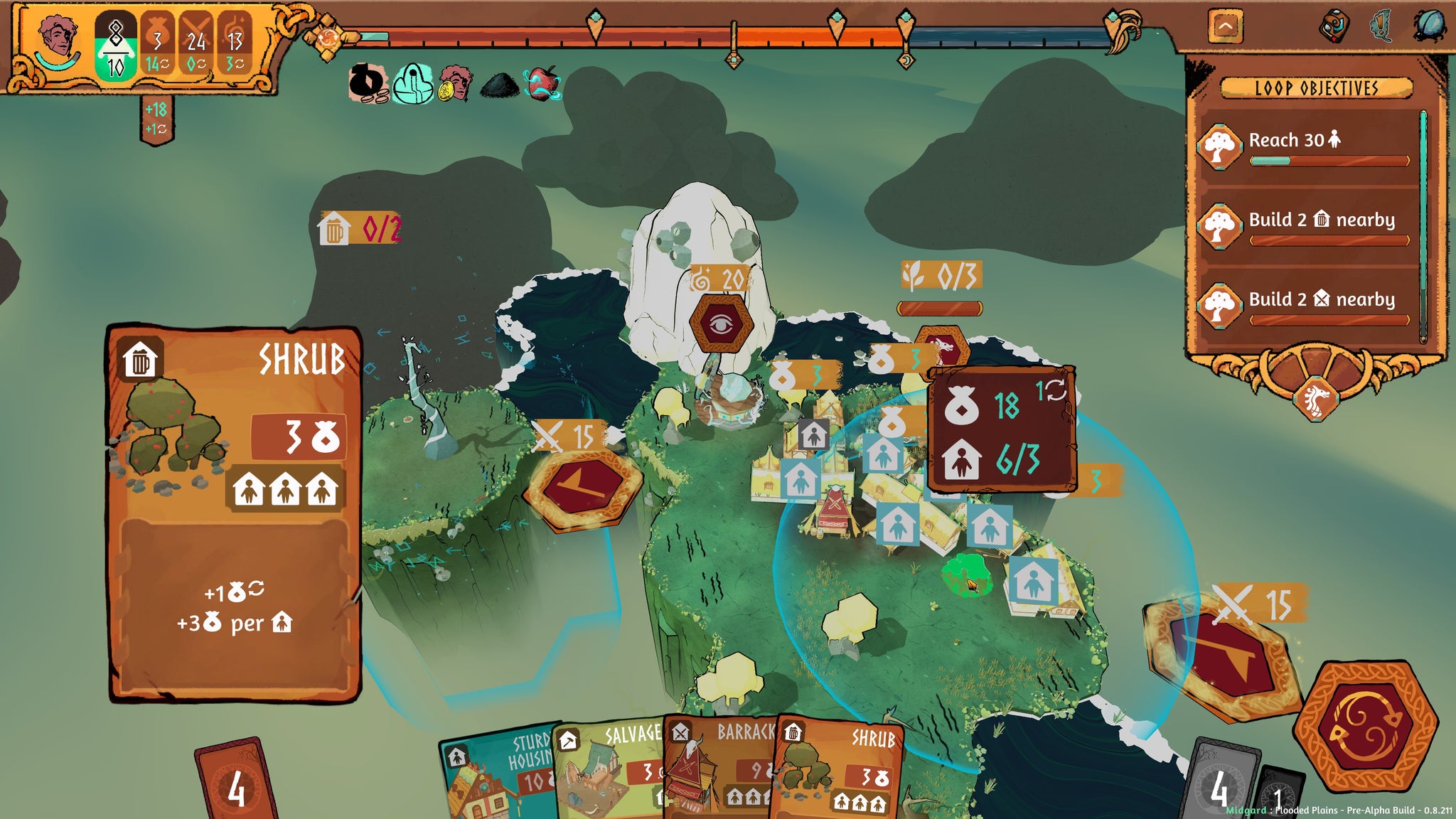 A shrub card is about to be placed in a Viking settlement in Roots Of Yggdrasil - 7