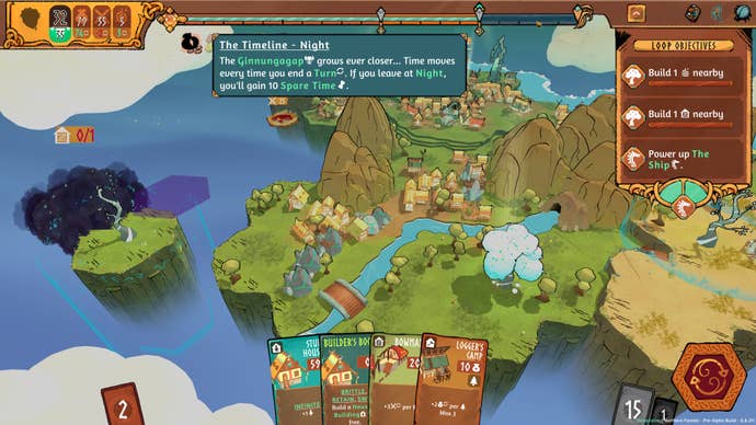 A purple cloud approaches a settlement in Roots Of Yggdrasil