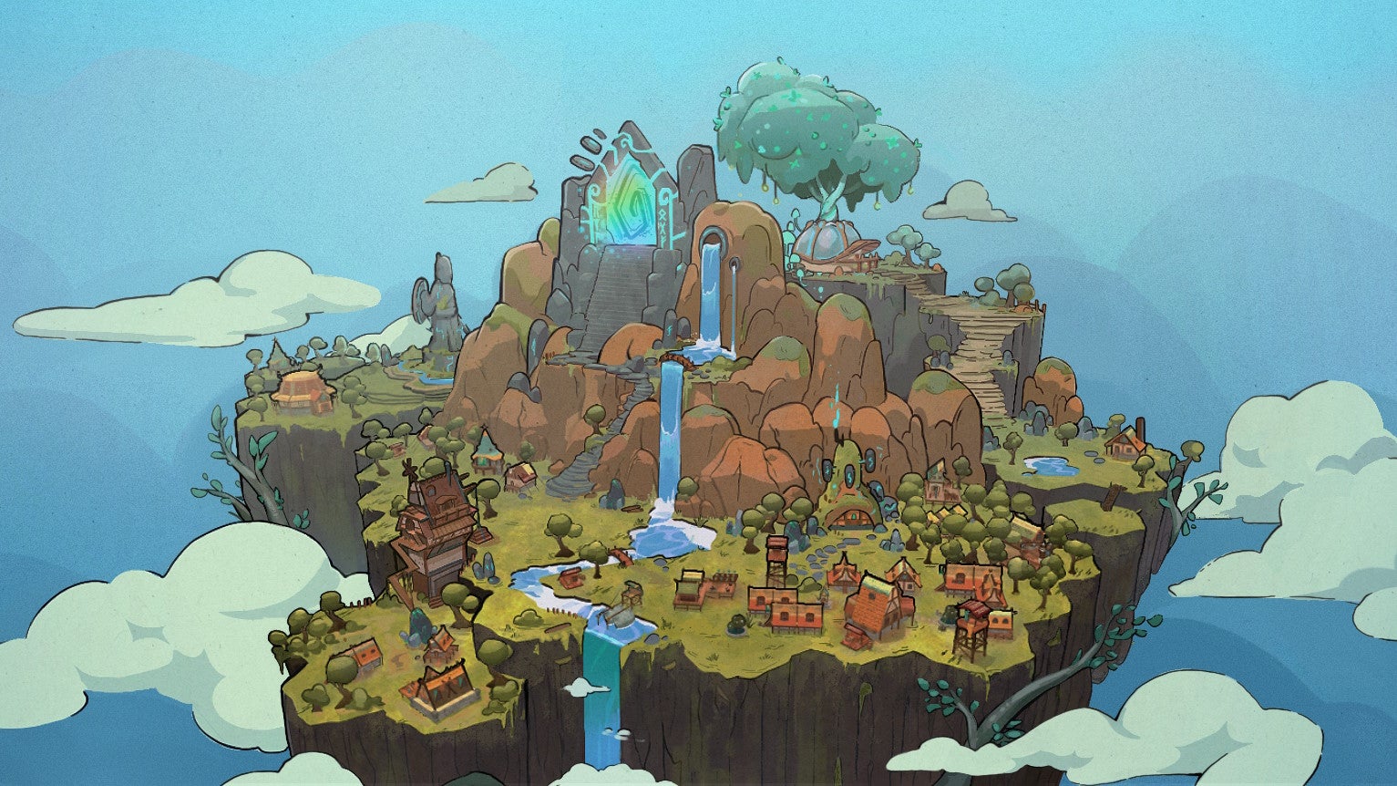 A floating island with forests and waterfalls in the clouds in Roots Of Yggdrasil - 1