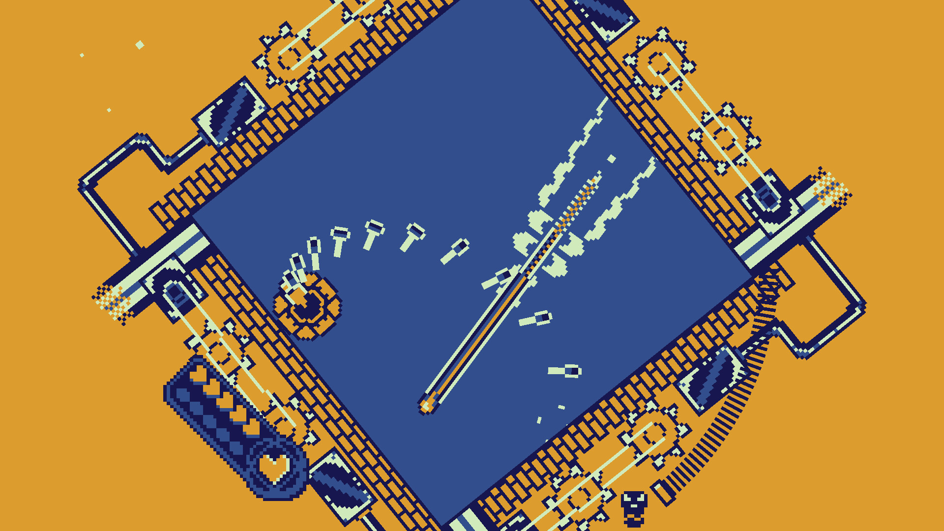 Roto force review screenshot - a blue square contains you and your missiles, in front of a mustard yellow background