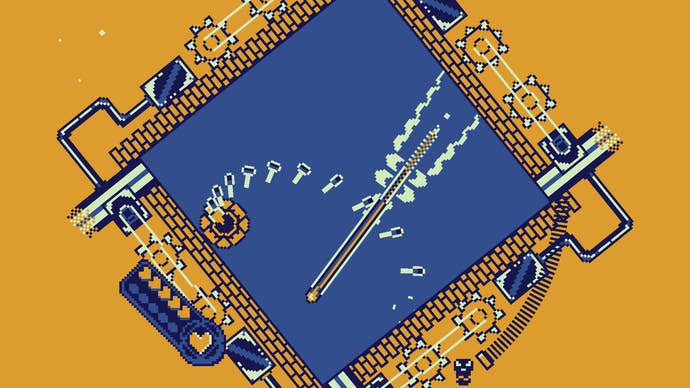 Roto force review screenshot - a blue square contains you and your missiles, in front of a mustard yellow background
