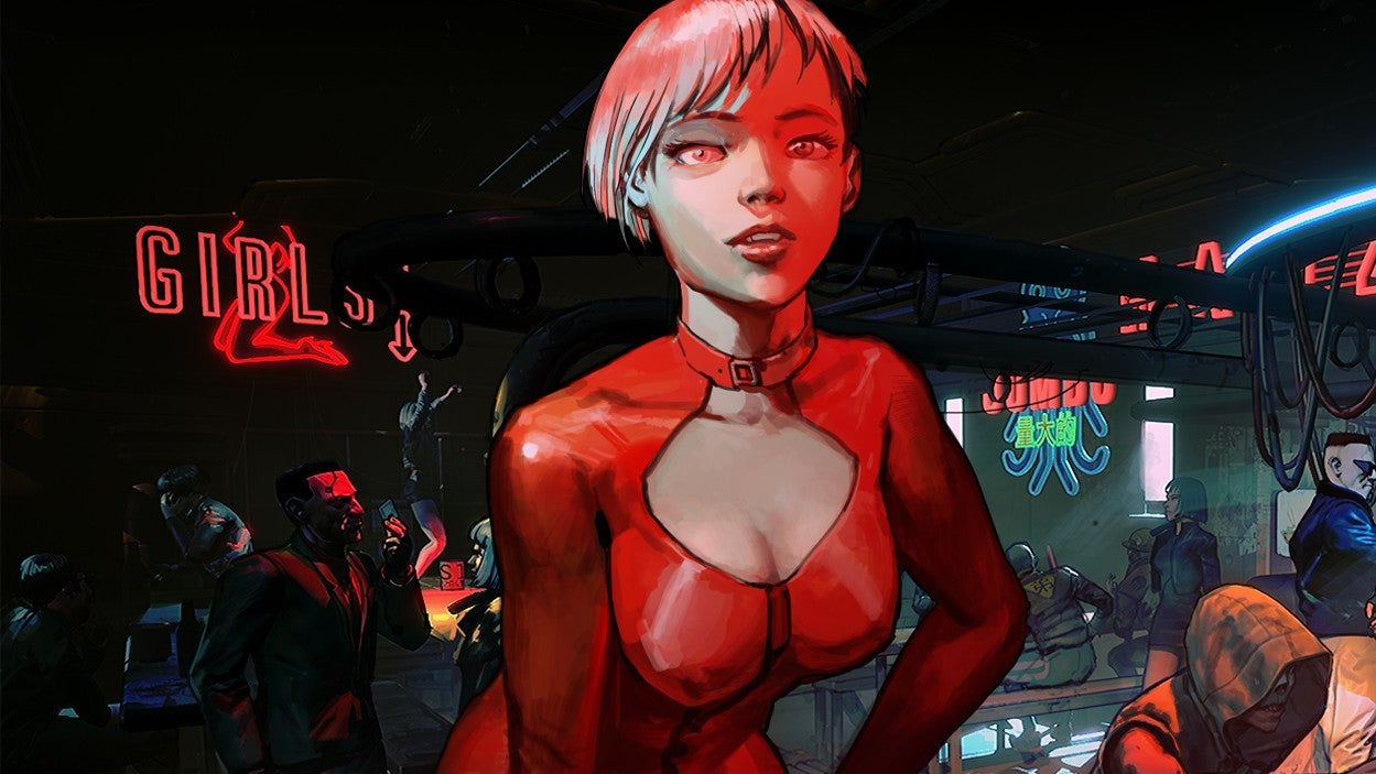 Ruiner screenshot showing a female character in a red outfit leaning in towards the player