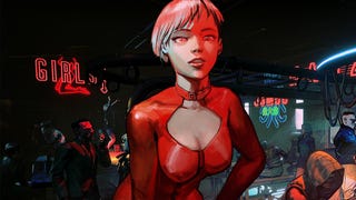 Ruiner screenshot showing a female character in a red outfit leaning in towards the player