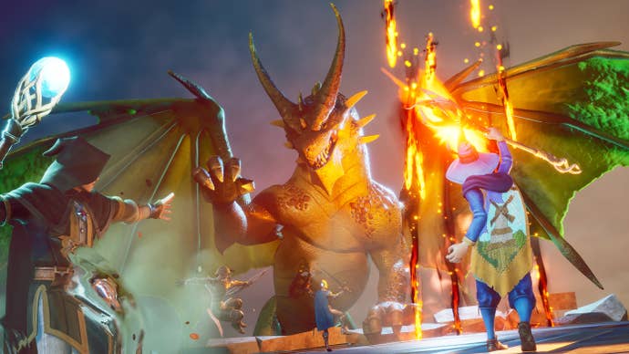 Four players fight a dragon in RuneScape: Dragonwilds.