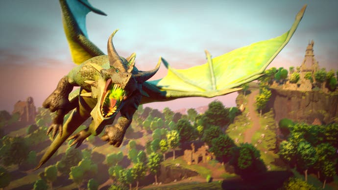 A green dragon flies through the sky in RuneScape: Dragonwilds.