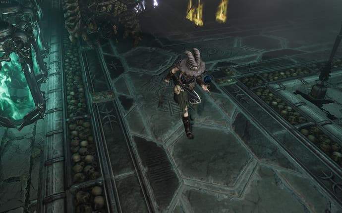 Last Epoch screenshot showing The player-character, dressed in a grey hat and shabby clothing, runs through a hallway while holding an orb.