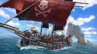 A pirate ship in Skull And bones, covered in spikes to forestall boarding, and with a red sail with a skull and cross bones