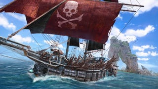 A pirate ship in Skull And bones, covered in spikes to forestall boarding, and with a red sail with a skull and cross bones