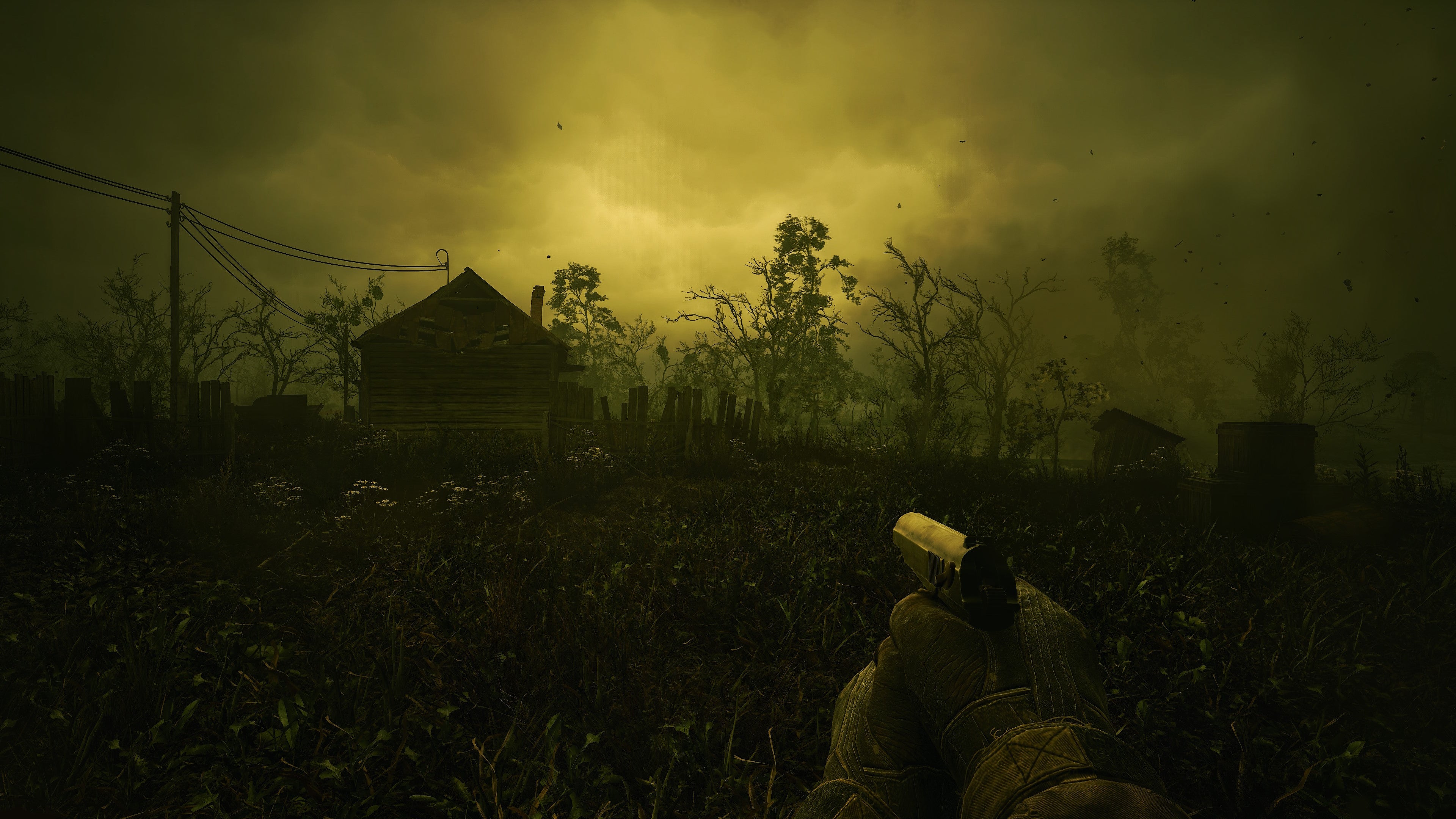 A player walks through an irradiated village under a green sky in Stalker 2