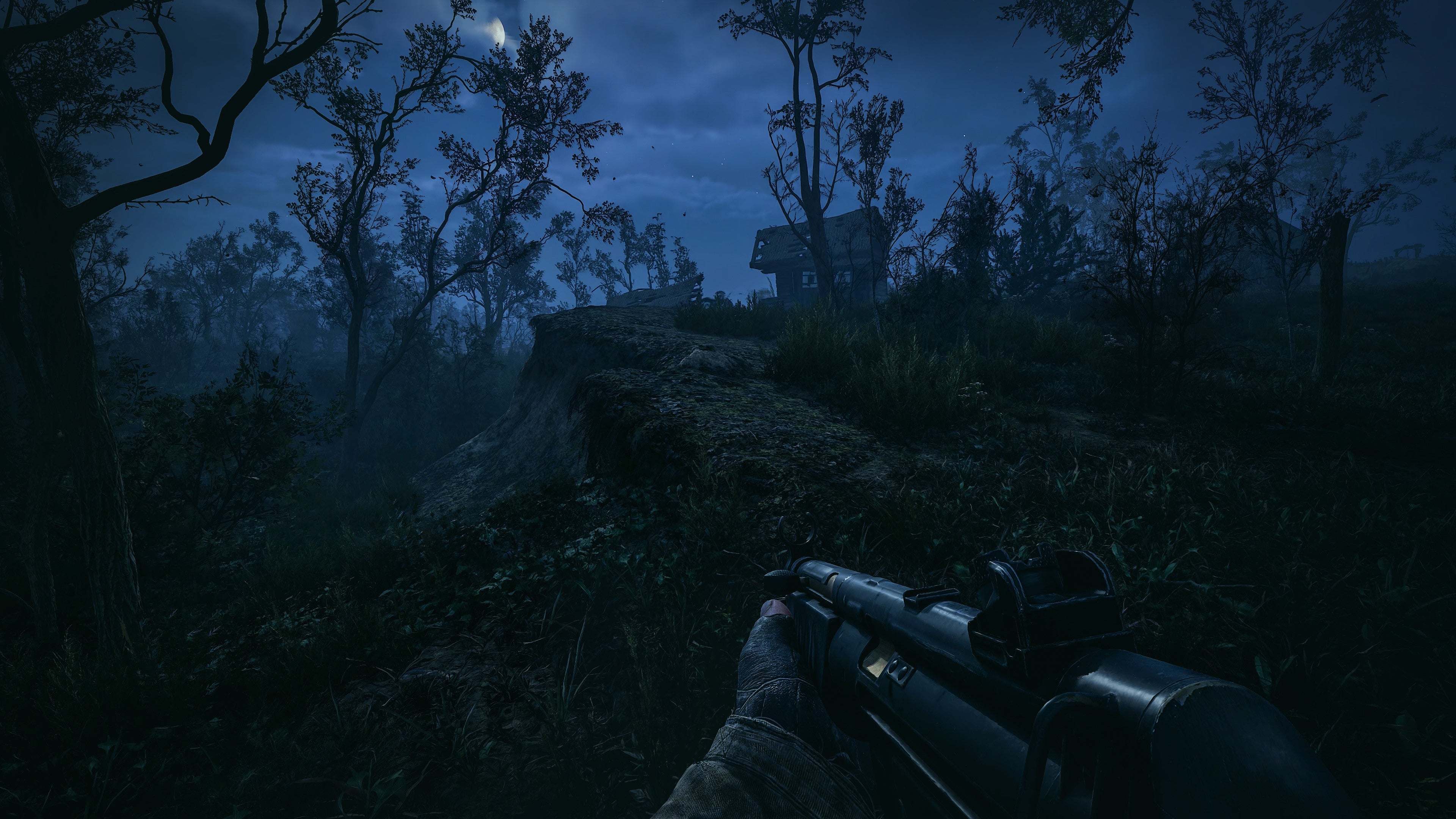 A player runs through a toxic forest at night in Stalker 2.