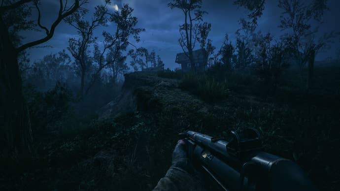 A player runs through a toxic forest at night in Stalker 2.