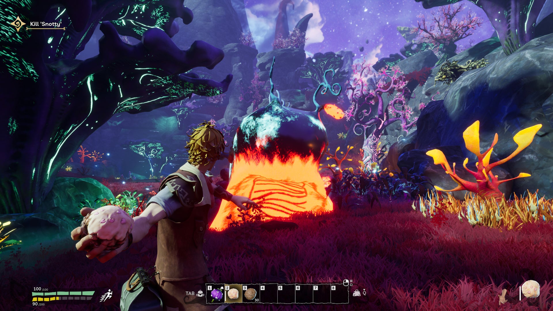 A character throwing a colourful ball at a foe in a surreal fantasy world - 7