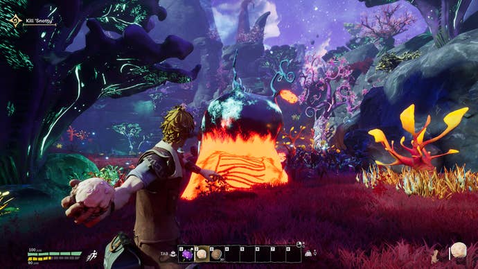 A character throwing a colourful ball at a foe in a surreal fantasy world