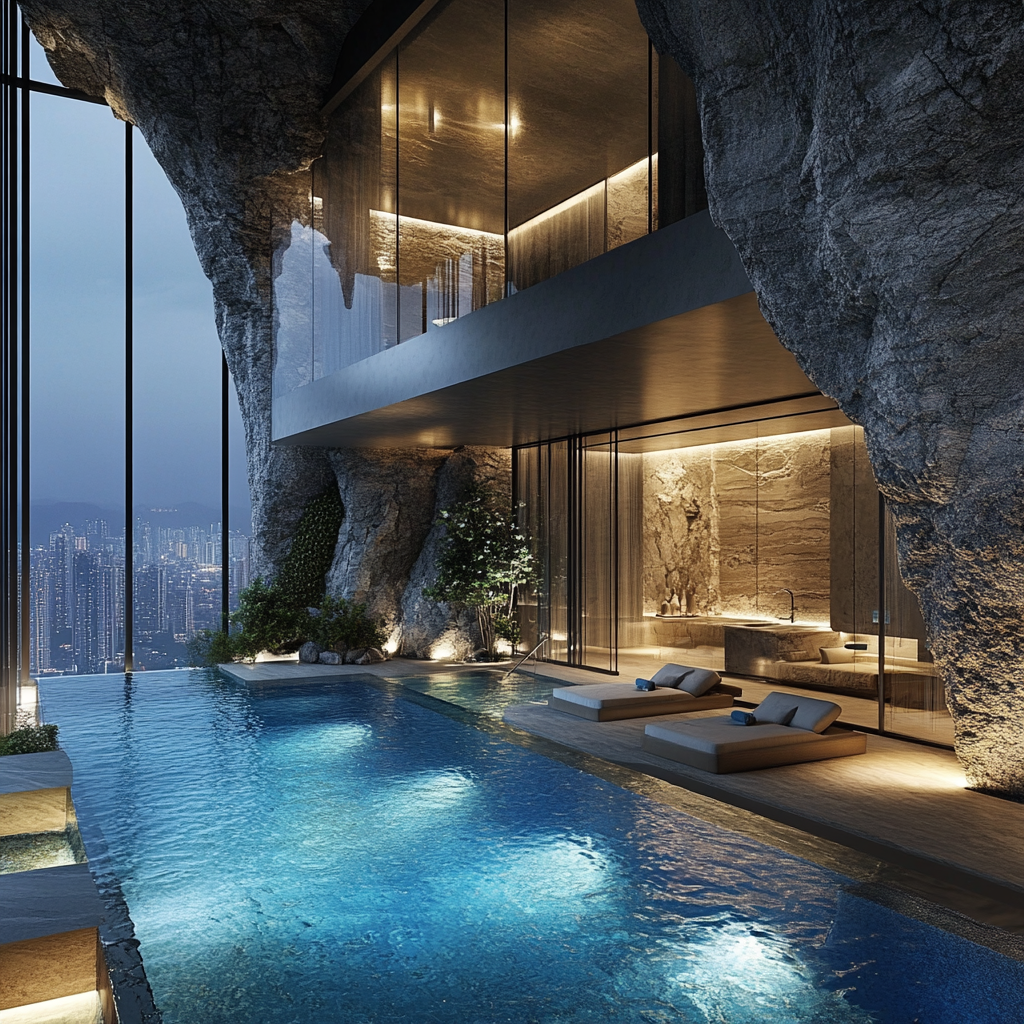 A mocked-up image of a luxury bunker interior from SAFE, showing a swimming pool with screens depicting a fake city skyline.