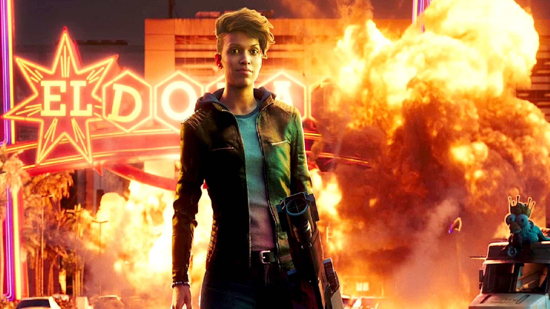 saint&rsquo;s row key art, featuring a character standing in front of an explosion